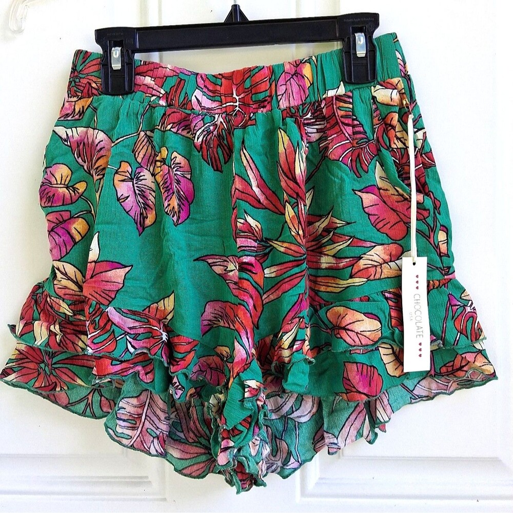 363 Juniors Small Shorts Green Tropical Leaf Print Ruffled Legs NWT